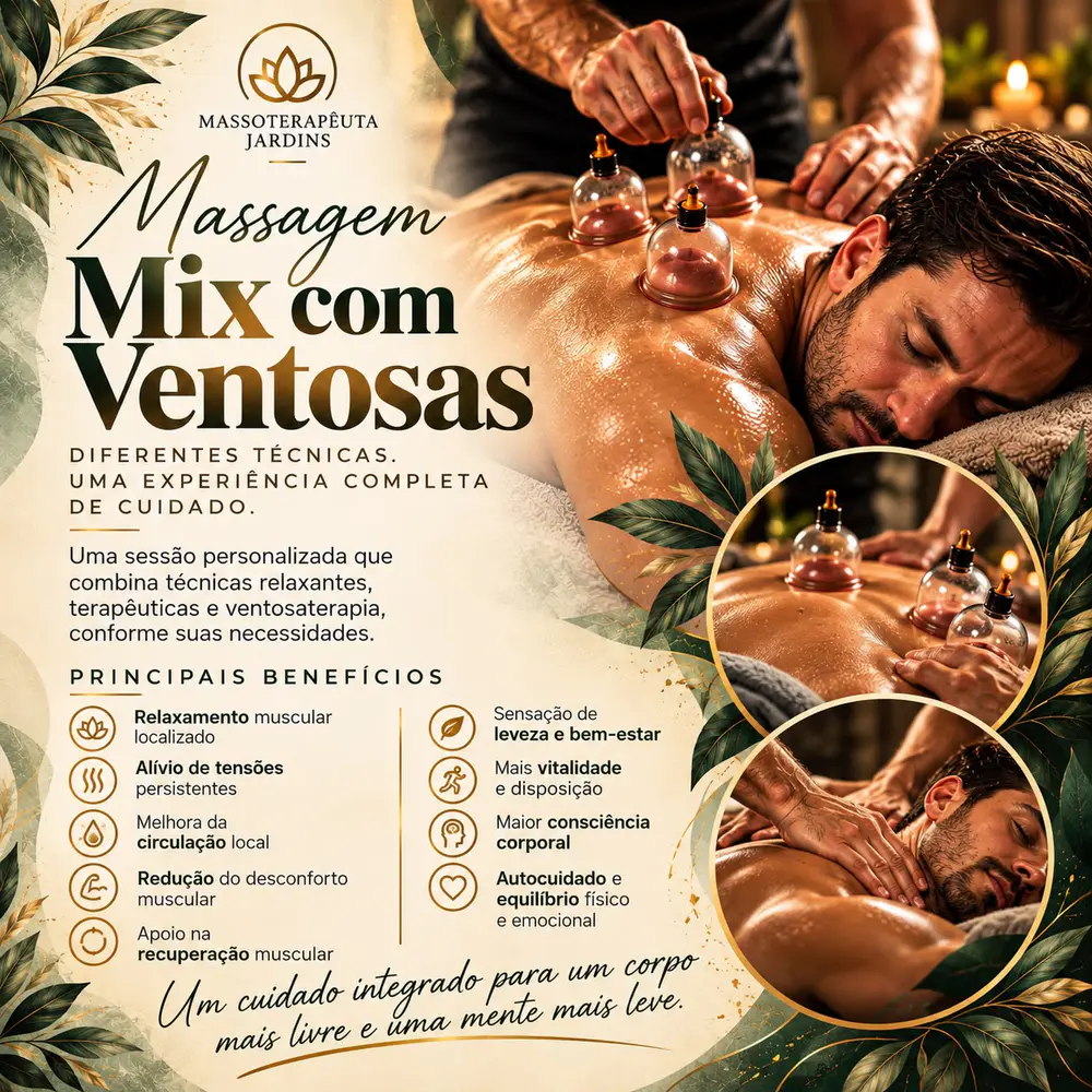 Arte da Massagem Mix com Ventosas: Diferentes técnicas. Uma experiência completa de cuidado. Principais benefícios: relaxamento muscular localizado, alívio de tensões persistentes, melhora da circulação local, redução do desconforto muscular, apoio na recuperação muscular, sensação de leveza e bem-estar, mais vitalidade e disposição, maior consciência corporal, autocuidado e equilíbrio físico e emocional.