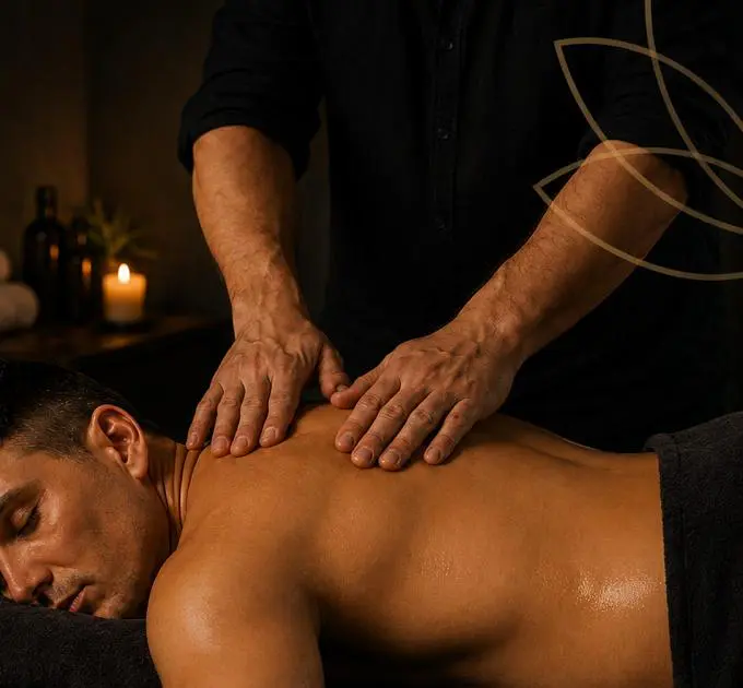 Mãos massageando as costas de um homem deitado, à luz de vela