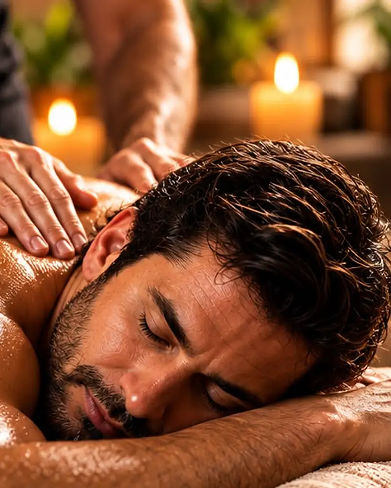 Massagem nos ombros de um homem deitado, de olhos fechados, com velas acesas ao fundo